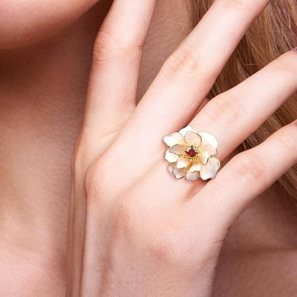 Neiman Marcus 925 Sterling Silver Lotus-White Enamel Flower Statement Ring - Picture 1 of 5